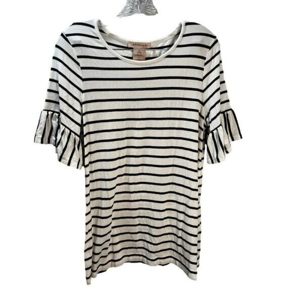 NWOT Philosophy Stripe Ruffle Sleeve Linen Tee Medium - Picture 2 of 5